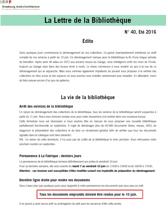 Lettre de la bibliothèque n° 40 - Eté 2016